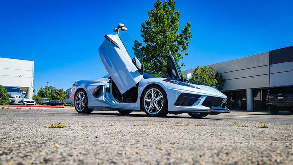 Lambo Doors Kit installed on a Chevrolet Corvette C8 by Vertical Doors, Inc. in California VDCCHEVYCORC820 CA chevy vette c8,door conversion, scissor doors, lambo doors, 