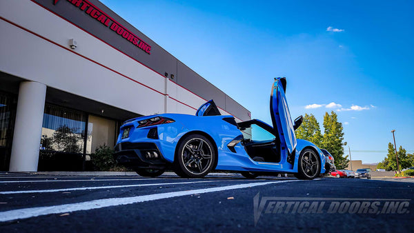 Vertical Lambo Door Kit installed on a Chevrolet Corvette C8, installed and manufactured by Vertical Doors, Inc.