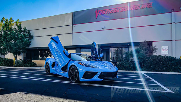 Vertical Lambo Door Kit installed on a Chevrolet Corvette C8, installed and manufactured by Vertical Doors, Inc.