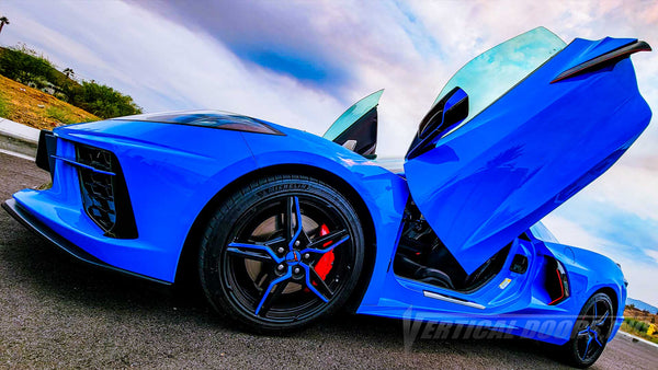 rapid blue, Chevrolet Corvette C8 Lambo Door Conversion Kit, Vertical Doors Inc., VDCCHEVYCORC820, Chevy, Vette, C8, lambo doors, vertical doors, scissor doors, door conversion, scissor doors, butterfly doors, wing doors