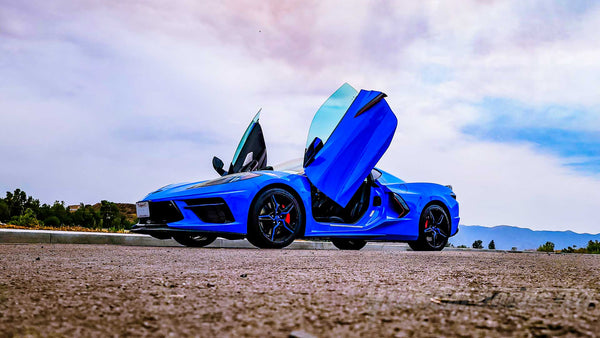 rapid blue, Chevrolet Corvette C8 Lambo Door Conversion Kit, Vertical Doors Inc., VDCCHEVYCORC820, Chevy, Vette, C8, lambo doors, vertical doors, scissor doors, door conversion, scissor doors, butterfly doors, wing doors