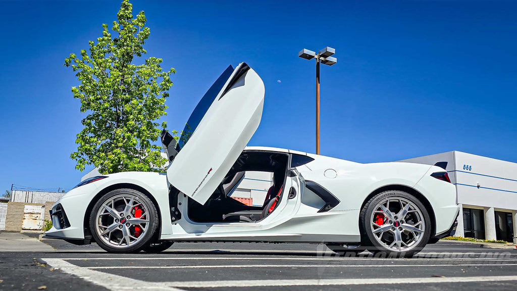 Vertical Lambo Door Conversion Kit installed on a Chevrolet Corvette C8-R, installed and manufactured by Vertical Doors, Inc.