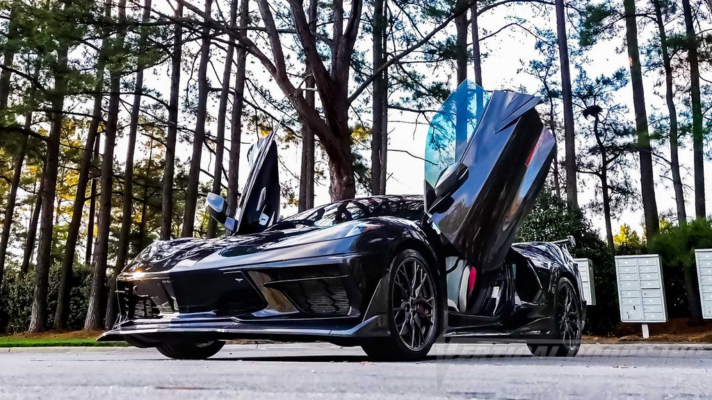 Installer | Tesla Mods NC | Raleigh, NC | Chevrolet Corvette C8 featuring Vertical Doors, Inc. lambo door conversion kit.