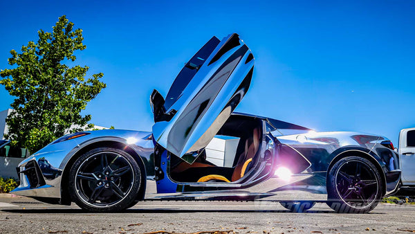 Chrome Chevrolet Corvette C8 Lambo Door Conversion Kit by Vertical Doors Inc.