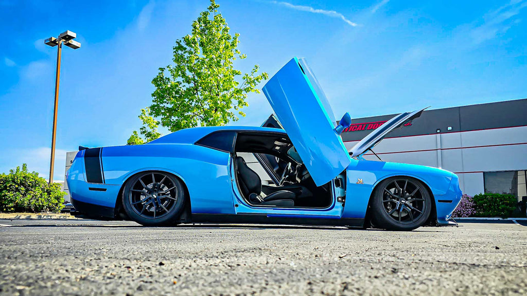 Dodge Challenger Scat Pack from California featuring Vertical Doors, Inc. door conversion kit. AKA "Lambo Doors"