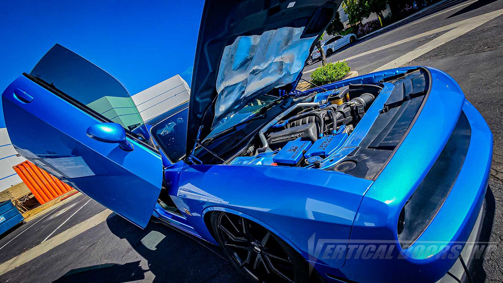 Dodge Challenger Scat Pack from California featuring Vertical Doors, Inc. door conversion kit. AKA "Lambo Doors"