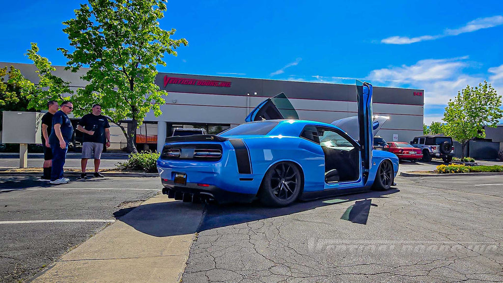 Dodge Challenger Scat Pack from California featuring Vertical Doors, Inc. door conversion kit. AKA "Lambo Doors"