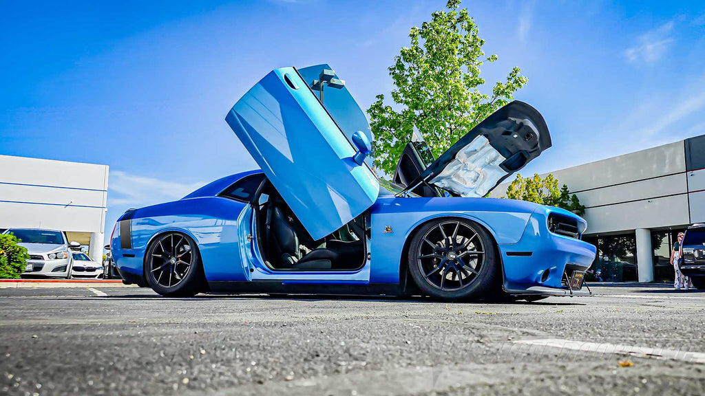 Dodge Challenger Scat Pack from California featuring Vertical Doors, Inc. door conversion kit. AKA "Lambo Doors"