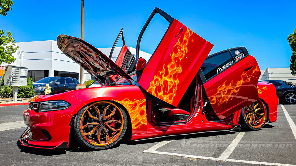 @red_demon_charger 2015 Dodge Charger with front and rear vertical door conversion kit by Vertical Doors, Inc. AKA "Lambo Doors"