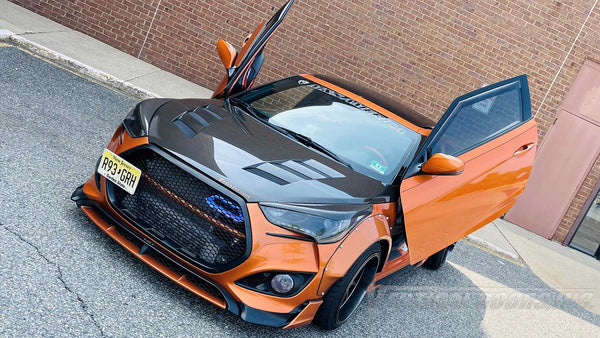 Hyundai Veloster with Vertical Lambo Door Kit by Vertical Doors, Inc. VDCHYVEL11 (1st Gen) VDCHYVEL19 (2nd Gen) KDM, vertical doors, lambo doors, door conversion, scissor doors.