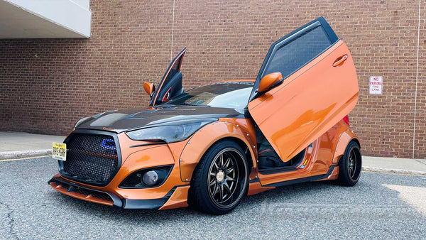 Hyundai Veloster with Vertical Lambo Door Kit by Vertical Doors, Inc. VDCHYVEL11 (1st Gen) VDCHYVEL19 (2nd Gen) KDM, vertical doors, lambo doors, door conversion, scissor doors.