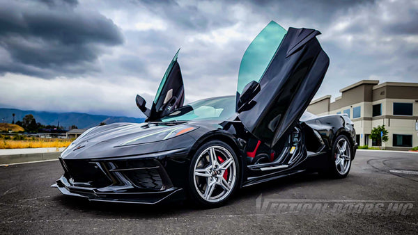 Black C8 Corvette with Lambo Doors Kit installed by Vertical Doors, Inc. VDCCHEVYCORC820 Chevrolet corvette c8, chevrolet, corvette, vette, c8, c8 vette, corvette c8, stingray, lambo doors C8, c8 lambo doors, c8 vertical doors, Vertical Doors Inc, LamboDoors, VerticalDoors, door conversion, scissor doors, butterfly doors, wing doors 