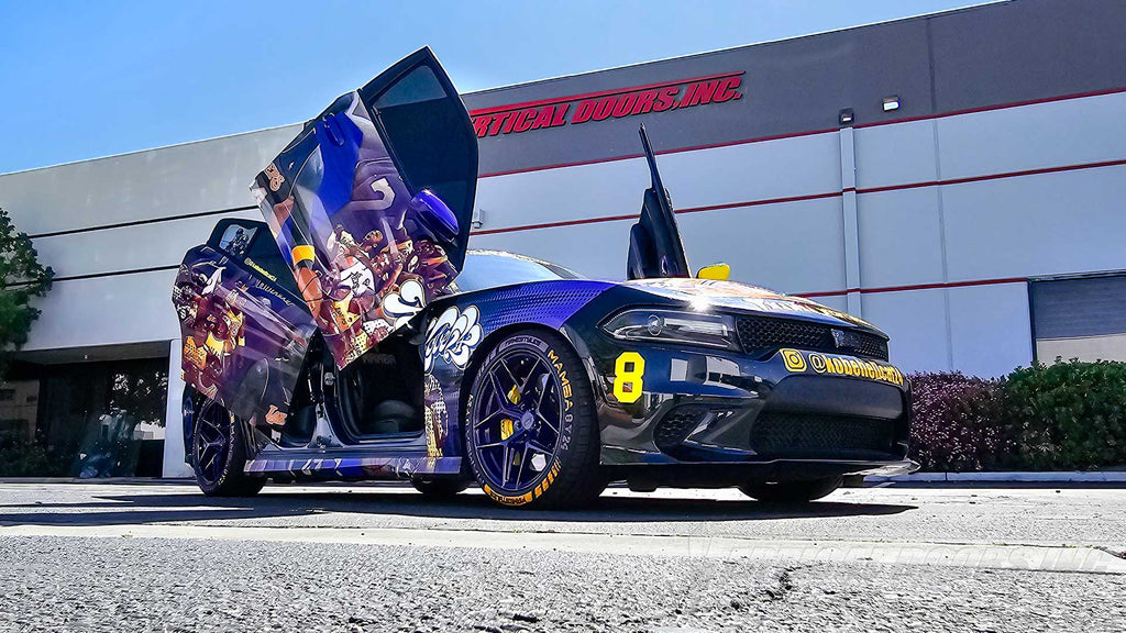 @kobehellcat24 Dodge Charger from Nevada, getting REAR Lambo Doors Installed by Vertical Doors, Inc., at our building in Lake Elsinore California.