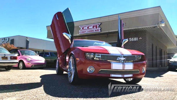 Installer | Crazy Custom Auto | Memphis, TN | Chevrolet Camaro 5th Gen featuring Verical Doors, Inc. vertical lambo doors conversion kit.