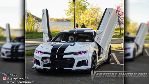 Chris's @_papitoo_55 Chevrolet Camaro from New York featuring Vertical Doors, Inc., vertical lambo doors conversion kit.