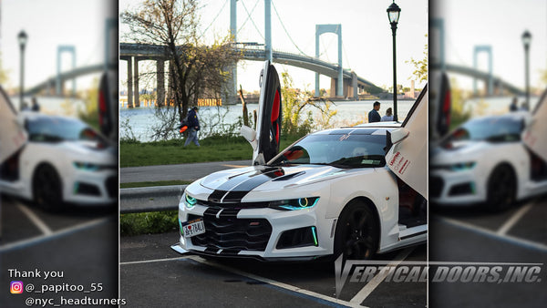 Chris's @_papitoo_55 Chevrolet Camaro from New York featuring Vertical Doors, Inc., vertical lambo doors conversion kit.