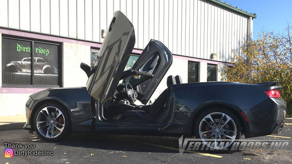 Installer | Dirty Rides Inc. | Spring Grove, IL | Chevrolet Camaro featuring Verical Doors, Inc. vertical lambo doors conversion kit.
