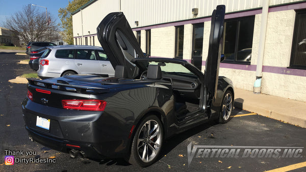 Installer | Dirty Rides Inc. | Spring Grove, IL | Chevrolet Camaro featuring Verical Doors, Inc. vertical lambo doors conversion kit.