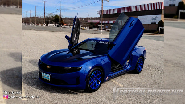 Check out Ellie's @4bangerbaddie Chevy Camaro featuring Vertical Lambo Doors Conversion Kit from Vertical Doors, Inc.
