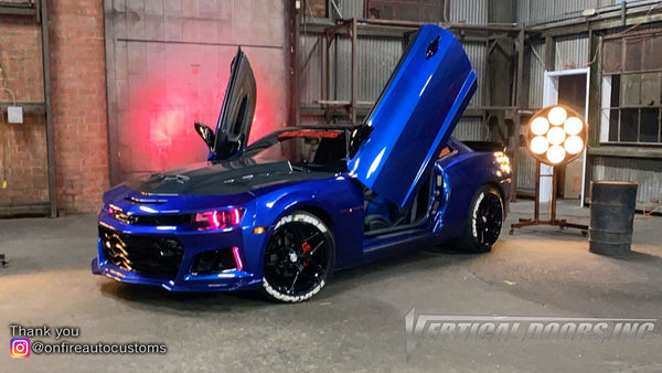 Installer | On Fire Auto Customs| Los Angeles CA | (Blue Demon) 2014 Camaro RS with Vertical Lambo Doors Conversion Kit