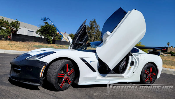 White Chevrolet Corvette C7 from California with vertical lambo door conversion kit by Vertical Doors, Inc.