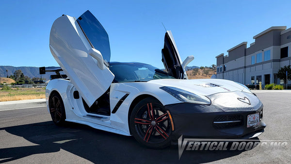 White Chevrolet Corvette C7 from California with vertical lambo door conversion kit by Vertical Doors, Inc.
