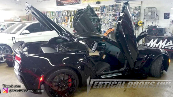 Pro Auto Sound Miami FL Chevrolet Corvette C-7 featuring Verical Doors, Inc. vertical lambo door conversion kit.