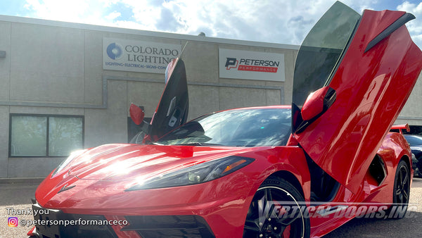 Installer | Peterson Performance & Repair| Colorado Springs, CO | Chevy Corvette C8 featuring Vertical Door conversion kit by Vertical Doors, Inc. AKA "Lambo Doors"