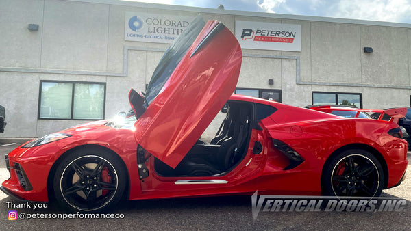 Installer | Peterson Performance & Repair| Colorado Springs, CO | Chevy Corvette C8 featuring Vertical Door conversion kit by Vertical Doors, Inc. AKA "Lambo Doors"
