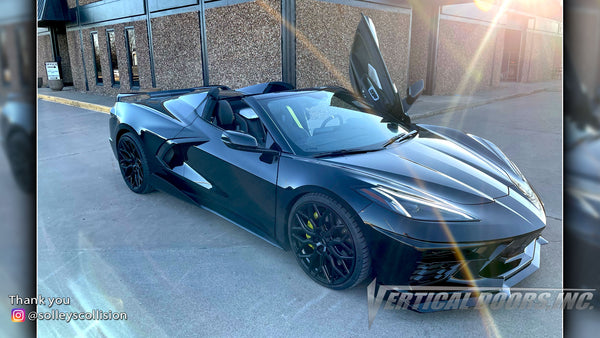 Installer | Solley's Collision Center | Ardmore, OK | Chevrolet Corvette C8 Vertical Doors, Inc., vertical lambo door conversion kit.