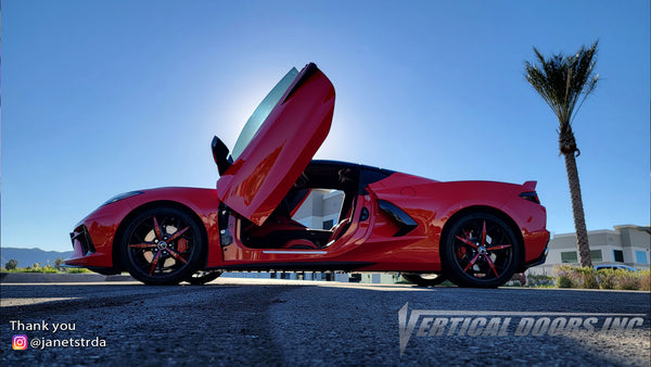 Torch Red Chevrolet Corvette C8 from California featuring vertical lambo door conversion kit by Vertical Doors, Inc.