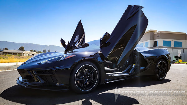 Black Chevrolet Corvette C8 3LT Convertible from California featuring Vertical Doors, Inc. door conversion kit. AKA "Lambo Doors"