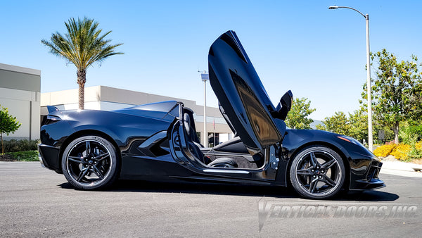 Black Chevrolet Corvette C8 3LT Convertible from California featuring Vertical Doors, Inc. door conversion kit. AKA "Lambo Doors"