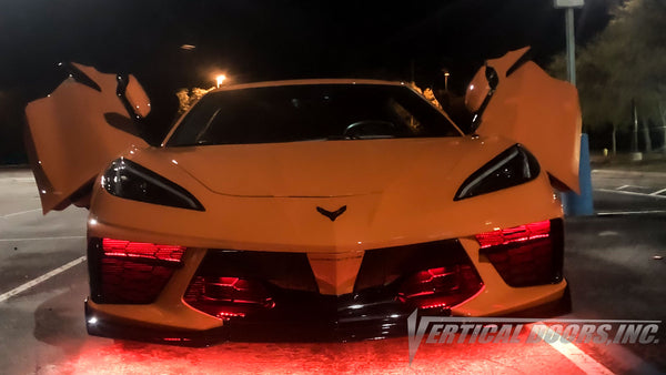 Sebring Orange Chevrolet Corvette C8 from Florida featuring ZLR Door conversion kit by Vertical Doors, Inc.