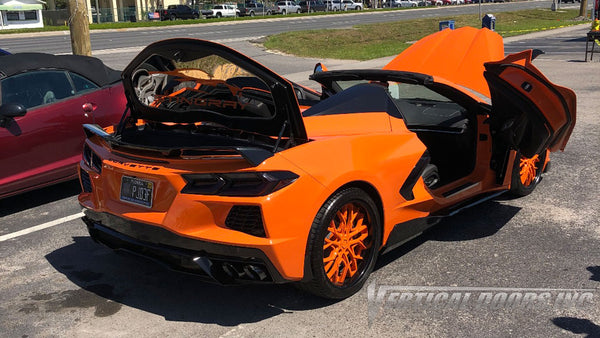 Sebring Orange Chevrolet Corvette C8 from Florida featuring ZLR Door conversion kit by Vertical Doors, Inc.