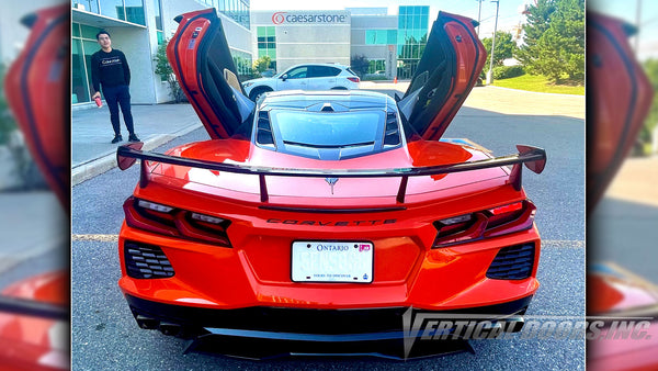 Check out Thang's Chevrolet Corvette C8 from Ontario Canada featuring Vertical Doors, Inc., vertical lambo door conversion kit.