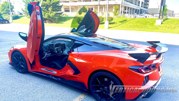Check out Thang's Chevrolet Corvette C8 from Ontario Canada featuring Vertical Doors, Inc., vertical lambo door conversion kit.