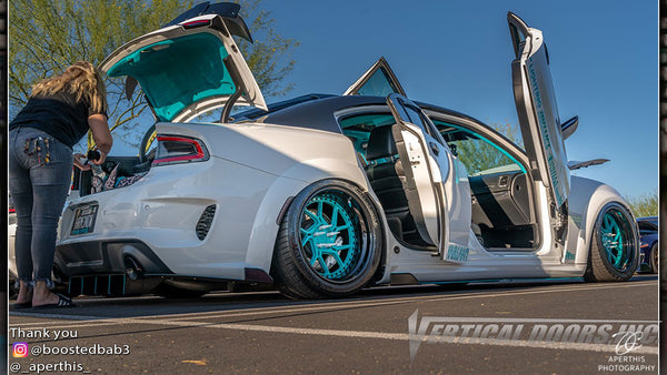 Kyrsten's @boostedbab3 Dodge Charger from Arizona featuring Vertical Doors, Inc., vertical lambo doors conversion kit.