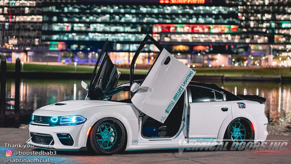 Kyrsten's @boostedbab3 Dodge Charger from Arizona featuring Vertical Doors, Inc., vertical lambo doors conversion kit.