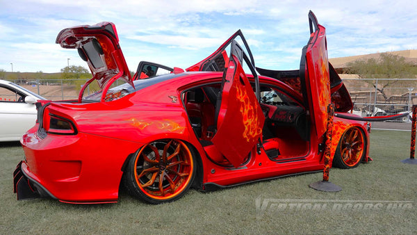 Dodge Charger from California featuring Vertical Doors, Inc. door conversion kit. AKA "Lambo Doors" on the front and rear doors.