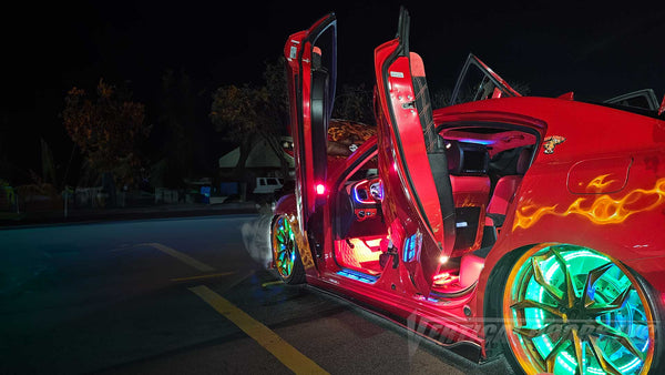 Dodge Charger from California featuring Vertical Doors, Inc. door conversion kit. AKA "Lambo Doors" on the front and rear doors.