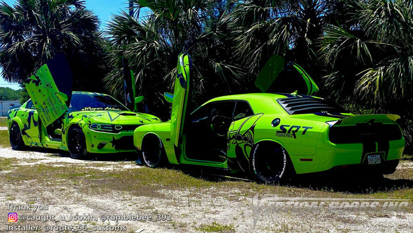 Check out @caught_u_lookin Dodge Challenger and @rumblebee_392 Charger from LA featuring Vertical Doors, Inc., Vertical Lambo Doors Conversion Kits.