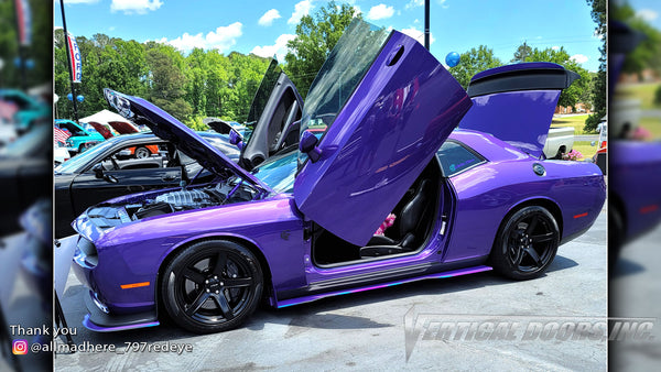 Check out Katrina's @allmadhere_797redeye Dodge Challenger from North Carolina featuring Vertical Doors, Inc., Vertical Lambo Doors Conversion Kits.