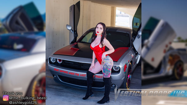 Check out Joe's @the_bulking_beast Dodge Challenger Featuring Ashley @ashleygold26 and Vertical Doors, Inc., vertical lambo doors conversion kit.