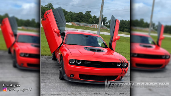 Cody's @cody.ogle17 Dodge Challenger from North Carolina featuring Vertical Doors, Inc., Vertical Lambo Doors Conversion Kits.