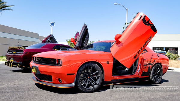Check out @stellascatty392 and @mangoloco392 Dodge Challenger from CA featuring Vertical Doors, Inc. door conversion kit. AKA "Lambo Doors"