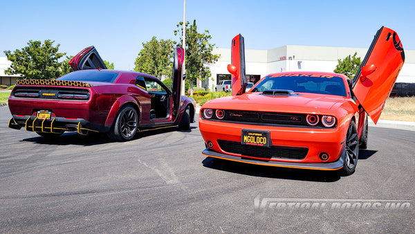 Check out @stellascatty392 and @mangoloco392 Dodge Challenger from CA featuring Vertical Doors, Inc. door conversion kit. AKA "Lambo Doors"