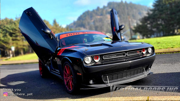 Check out @rt_there_yet Dodge Challenger from Oregon featuring Vertical Doors, Inc., Vertical Lambo Doors Conversion Kits.