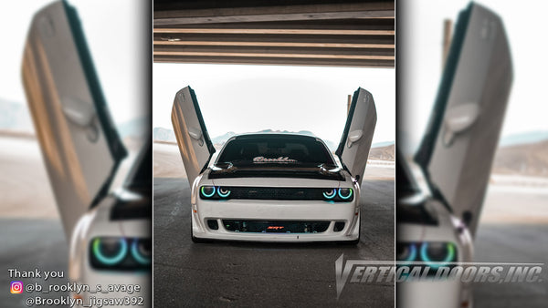 Check out Stephen's @Brooklyn_jigsaw392 Dodge Challenger featuring Vertical Doors, Inc., Vertical Lambo Doors Conversion Kits.