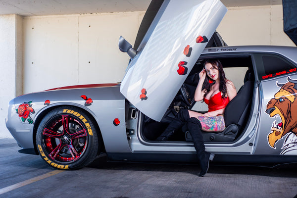 Check out Joe's @the_bulking_beast Dodge Challenger Featuring Ashley @ashleygold26 and Vertical Doors, Inc., vertical lambo doors conversion kit.